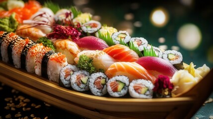 A fresh sushi boat with various rolls, sashimi, and garnish on blurred background