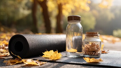 Yoga mat, water bottles, and snacks outdoors in autumn