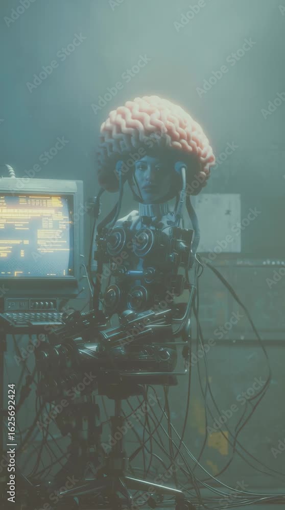 Aufkleber a woman's brain connected to a futuristic computer setup, exploring artificial intelligence and cybe