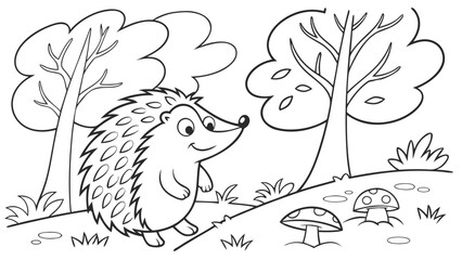 Vector Cartoon funny Hedgehog, funny image in the forest, Coloring book page for children. Line Art isolated on white background