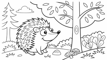 Vector Cartoon funny Hedgehog, funny image in the forest, Coloring book page for children. Line Art isolated on white background