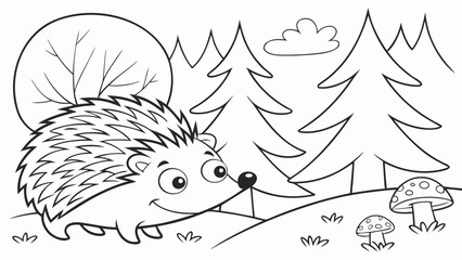 Vector Cartoon funny Hedgehog, funny image in the forest, Coloring book page for children. Line Art isolated on white background