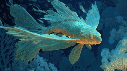 Surreal luminescent fish floats serenely in coral reef, ethereal fantasy underwater scene