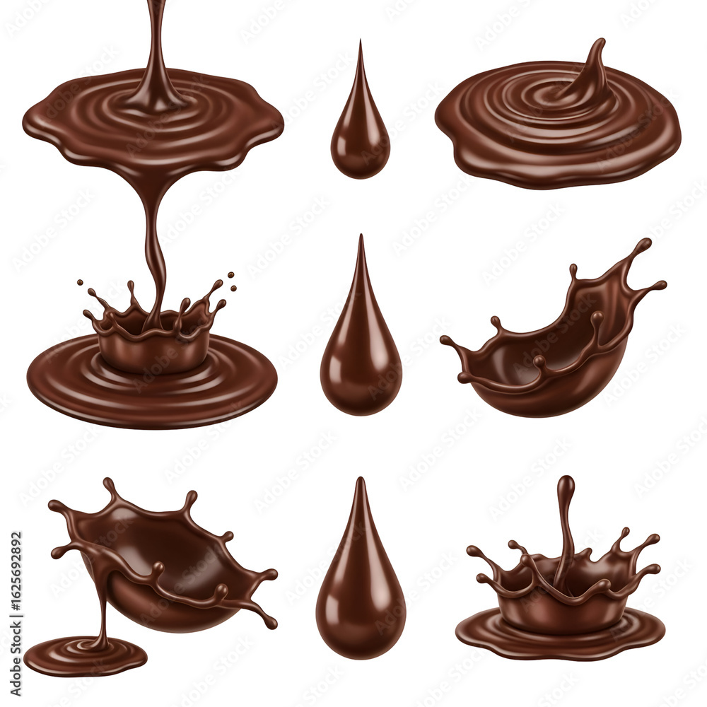 Poster chocolate liquid flows, creating splashes and drops with transparent background