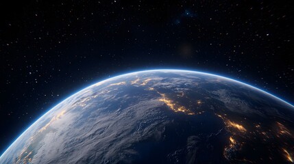 Obraz premium An image depicting Earth from space showcases atmospheric curvature, city lights, and twinkling stars against an expansive, dark cosmos, evoking a sense of cosmic beauty.