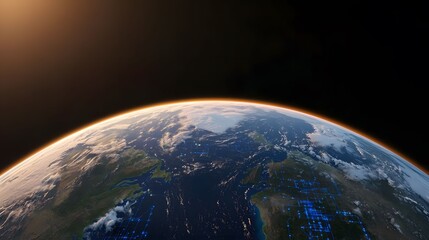 Fototapeta premium The image showcases a mesmerizing view of Earth from space, illuminated by the sun's golden glow, with the digital network connecting continents, set against a dark backdrop.