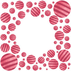 Playful circular frame made of watercolor striped balls in red tones. Perfect for decorative layouts, baby shower invitations, greeting cards, scrapbook designs, and minimalist graphic compositions