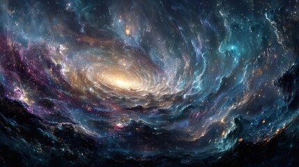 A swirling nebula, vibrant with purples, blues, and golds, evokes a cosmic whirlpool.  Intricate details showcase a luminous core surrounded by gaseous clouds