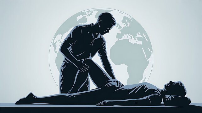 Paramedic performing cpr on a patient with a globe projection in the background