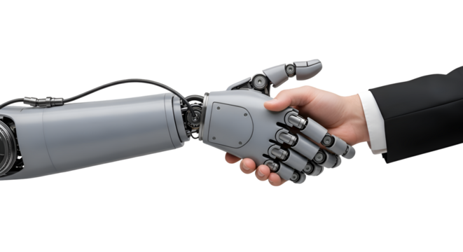 Human and Robot Handshake: Collaboration, AI, Future, Technology, Partnership, Innovation, Progress, Transparent Background,  Digital, Automation, Industry 4.0