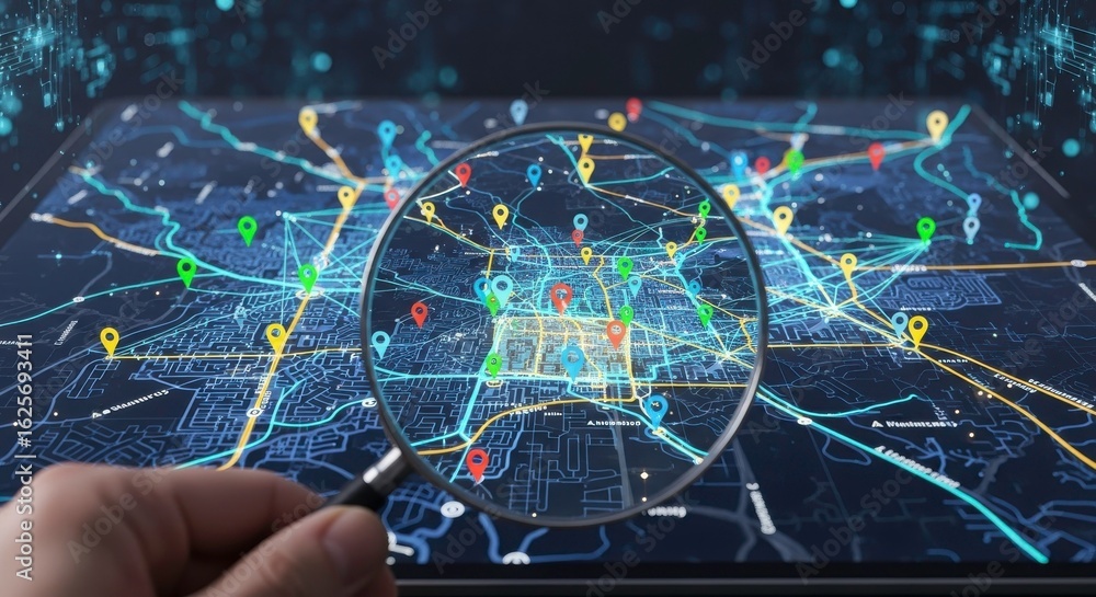 Poster detailed digital map with magnifying glass highlighting location markers and data analysis for geogr