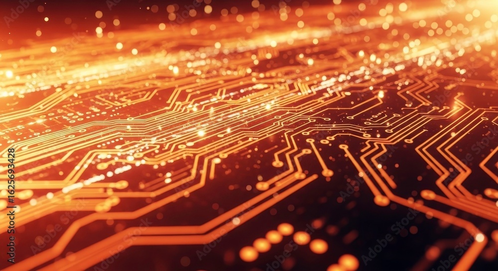 Poster abstract close-up of a glowing circuit board with vibrant orange lights and intricate patterns on a 