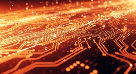 Abstract close-up of a glowing circuit board with vibrant orange lights and intricate patterns on a dark background showcasing technology and innovation