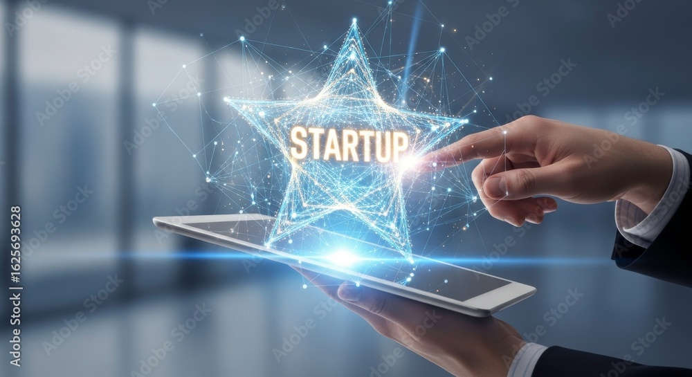Poster hand presenting futuristic digital concept of startup with star shape on tablet device in modern bus