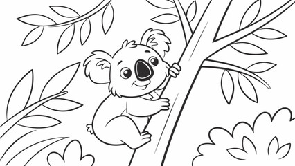 Vector Cartoon funny Koala, funny image in the forest, Coloring book page for children. Line Art isolated on white background