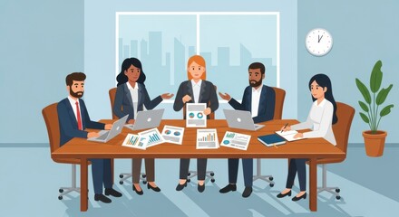 Diverse Business Team Collaborating in a Modern Office Setting With Charts and Laptops Displaying Data Analytics and Strategy Plans