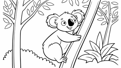 Vector Cartoon funny Koala, funny image in the forest, Coloring book page for children. Line Art isolated on white background