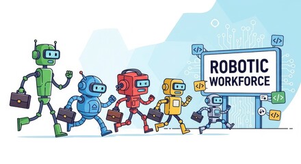 Fototapeta premium Colorful Cartoon Robots Running Toward a Sign for Robotic Workforce in a Modern Digital Environment with Briefcases and Technology Elements