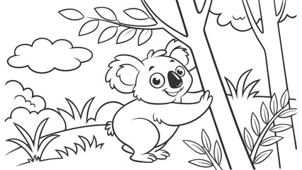 Vector Cartoon funny Koala, funny image in the forest, Coloring book page for children. Line Art isolated on white background