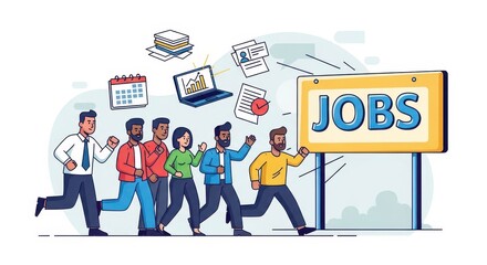Fototapeta premium Group of Diverse People Running Towards Job Opportunities with Symbols of Careers and Applications in a Modern Flat Vector Design