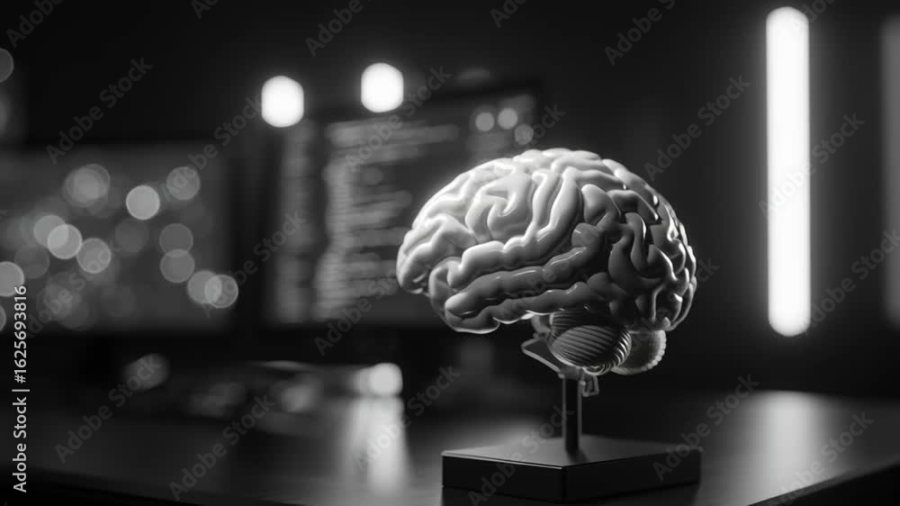 Poster brain model on desk with computer code in background showing artificial intelligence and machine lea