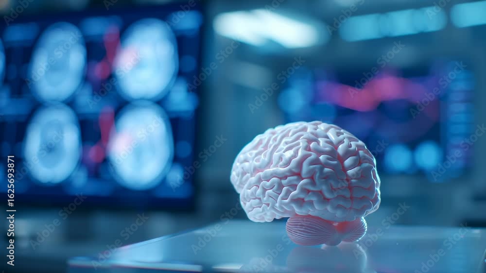 Poster human brain representation in a futuristic laboratory with evolving background screens for science a