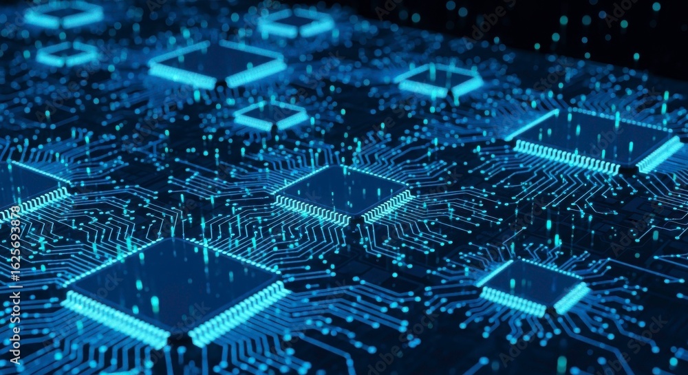 Poster abstract circuit board design with glowing microchips and neon blue particle effects representing te
