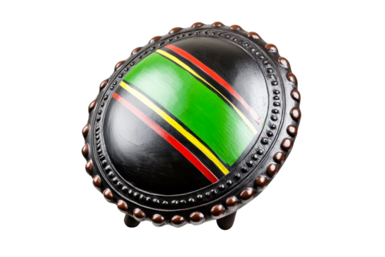 Decorative round shield with colorful stripe design displayed on stand