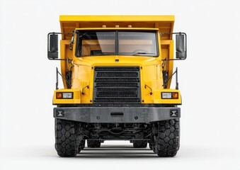Bright yellow dump truck, front view
