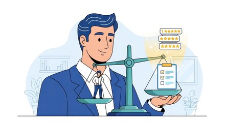 Businessman Holding Scales with Success Metrics and Customer Satisfaction Symbols Representing Online Reviews and Quality Assessment
