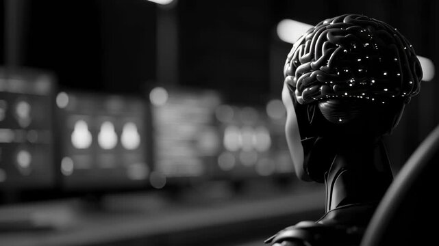 Artificial intelligence fembot with visible glowing brain in front of data monitors, futuristic technology concept footage.