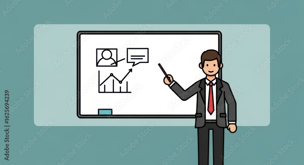 Poster business presentation with male presenter addressing audience while pointing at chart on whiteboard 