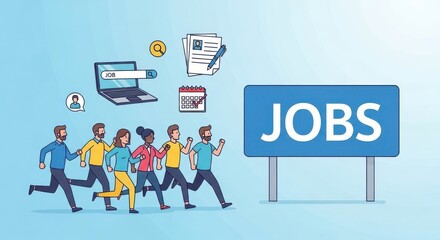 Group of diverse people running towards a large sign that reads 'Jobs', symbolizing the search and pursuit of employment opportunities in a modern work environment