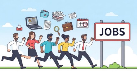 Group of diverse professionals running towards a sign that reads jobs, showcasing urgency and opportunity in job searching and career development
