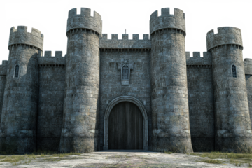 Medieval stone castle with cylindrical towers
