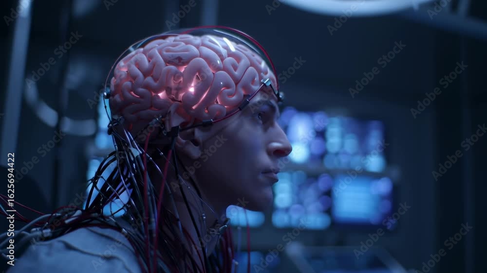 Poster man with glowing brain connected to wires in a futuristic lab with digital screens, representing adv