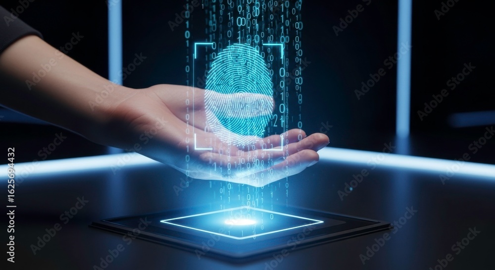 Poster futuristic digital fingerprint authentication with hand and binary code illustrating security techno