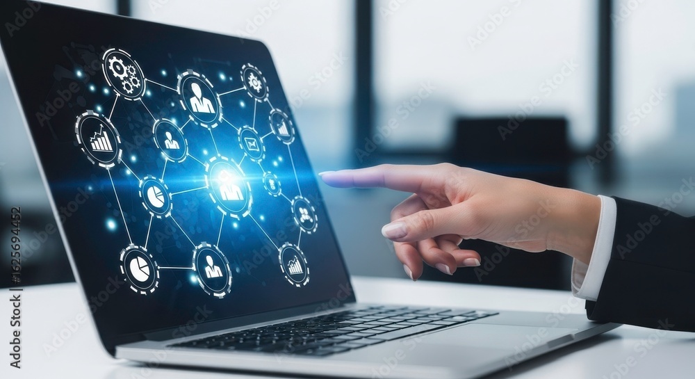 Poster businessperson interacting with digital technology interface on laptop displaying data visualization