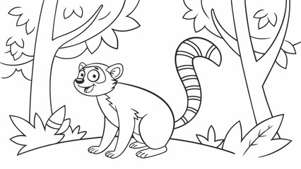 Vector Cartoon funny Lemur, funny image in the forest, Coloring book page for children. Line Art isolated on white background