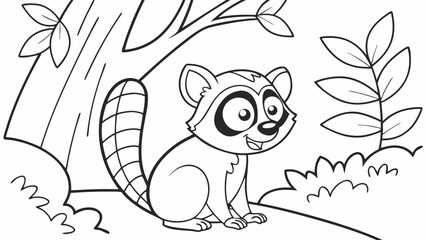 Vector Cartoon funny Lemur, funny image in the forest, Coloring book page for children. Line Art isolated on white background