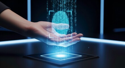 Futuristic Digital Fingerprint Authentication with Hand and Binary Code Illustrating Security Technology in Modern Environment