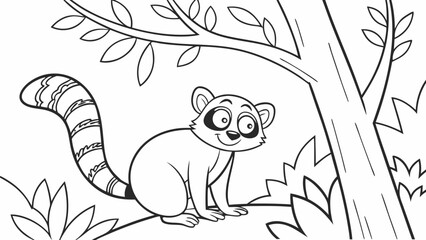 Vector Cartoon funny Lemur, funny image in the forest, Coloring book page for children. Line Art isolated on white background