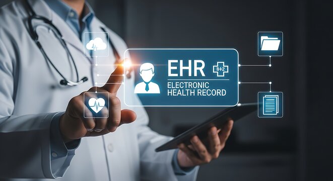 A doctor using a digital ehr system on a tablet, representing electronic health records and the future of healthcare technology, showing innovation and efficiency