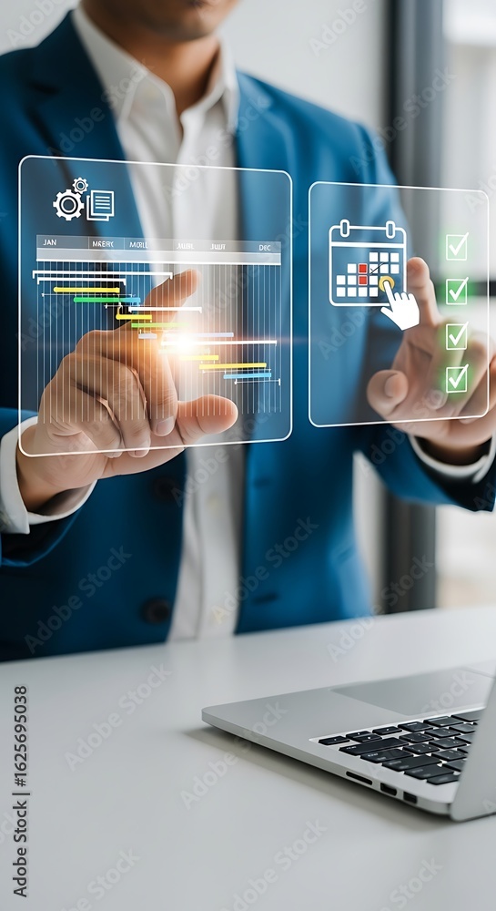 Aufkleber project management planning with gantt chart and calendar on virtual interface, showcasing digital b