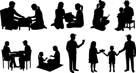 Set of family silhouettes depicting various interactions. vector illustration isolated on white background.
