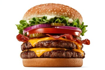 Delicious double cheeseburger with bacon and fresh toppings on a sesame seed bun