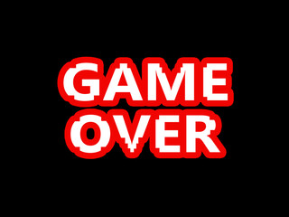 Pixel retro game over icon isolated on black background.
