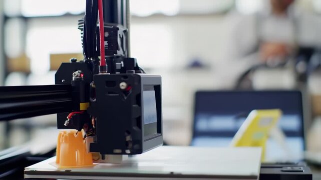 Close-up view of the 3D printing process with an orange object being produced