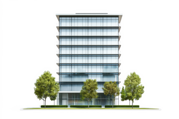 Mid-rise glass building with front trees
