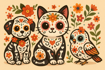 Fototapeta premium Día de Muertos Cartoon Pets with Sugar Skull Designs, Flat Vector Illustration
